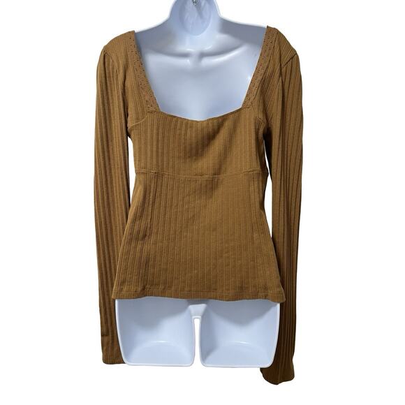Free People Sugar Sugar Square Neck Ribbed Long Sleeve Top Size L Mustard Boho - Picture 2 of 10